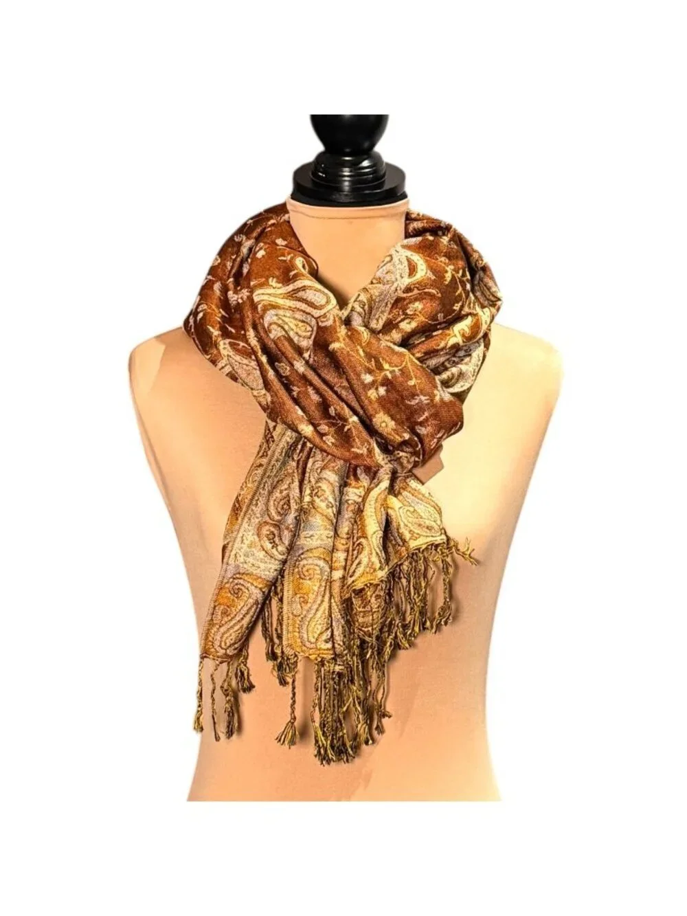New Large Paisley Scarf Wrap Pashmina Brown Cream Fringe Classic